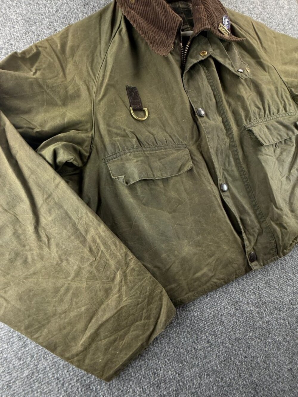 VTG Barbour Spey A130 Waxed Jacket Green Men Fishing Wasting Angler Pin Short - Picture 2 of 16